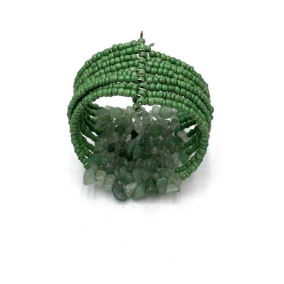 Green Aventurine Chipstone Bracelet Cuff Seed Beads Artisan - Picture 2 of 6